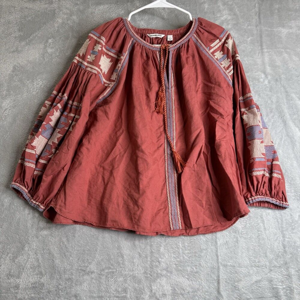 Country Road Blouse Womens S Pink Linen Blend Embroider Cottagecore Boho Tassel